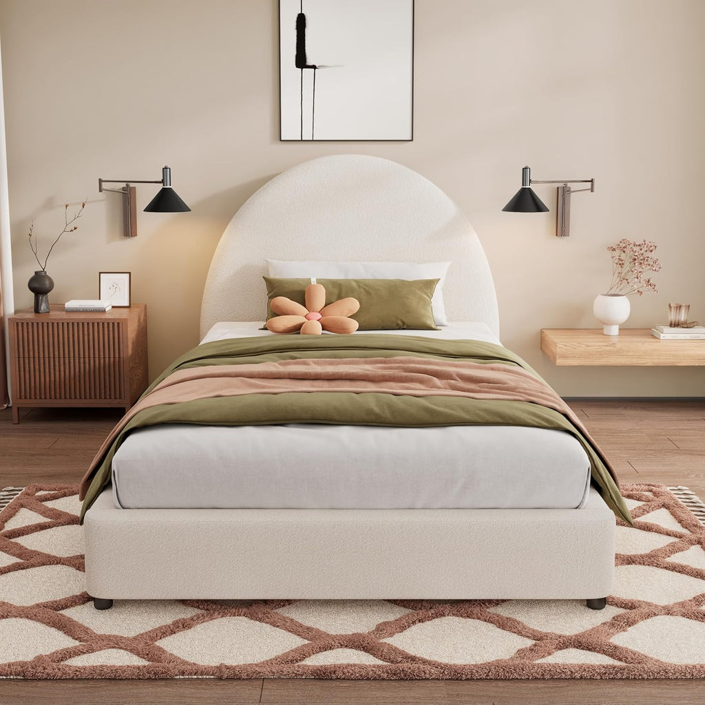 JIVOIT Modern Twin Size Bed Frame with Curved Round Headboard, Boucle Upholstered Platform Bed Frame with Sturdy Support Slats, No Box Spring Needed