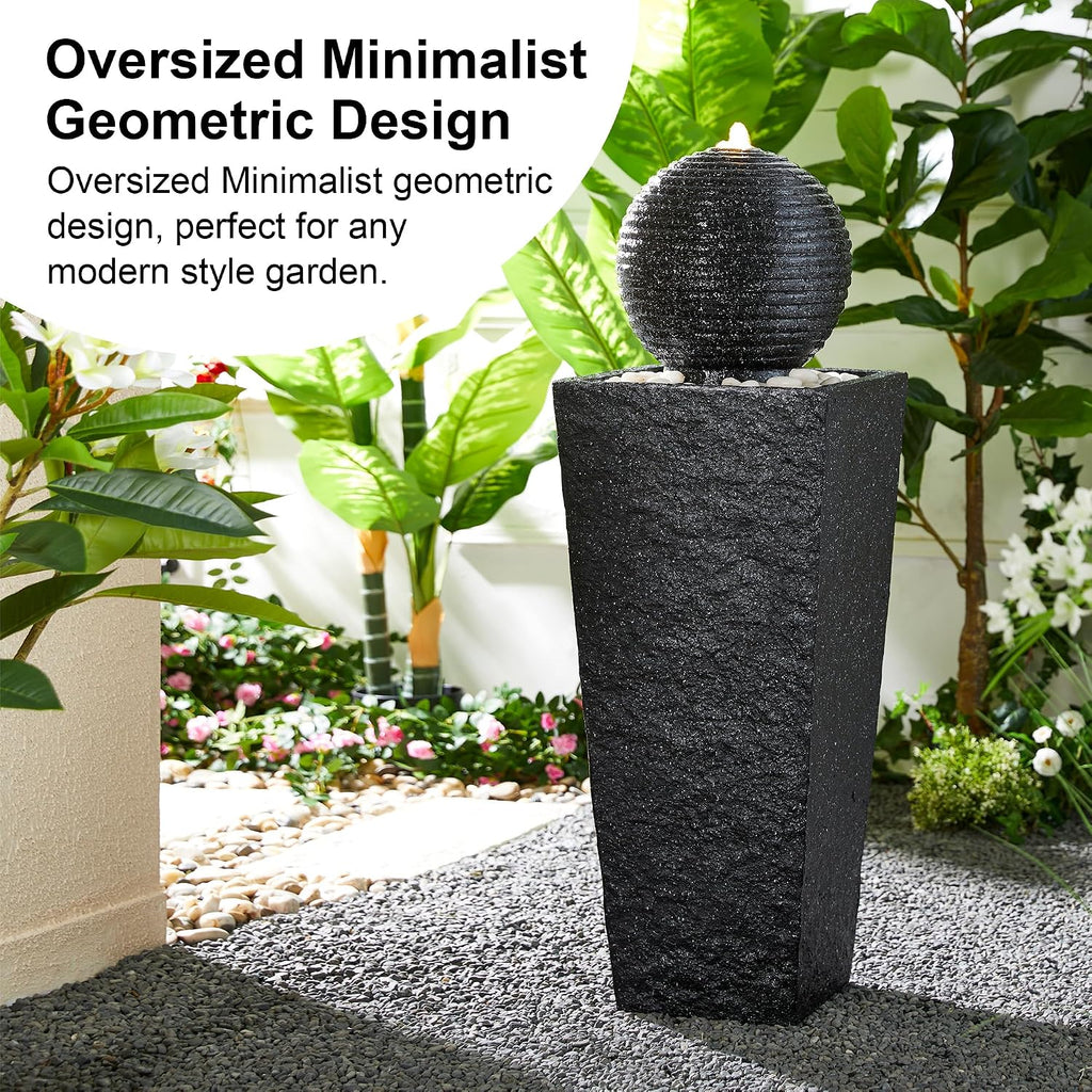 Glitzhome Outdoor Water Fountain with LED Light, Oversized Decorative Black Pedestal Water Fountains with Submersible Pump, Modern Sphere Floor Fountain with Pebbles for Garden Patio Decor, 40.25' H