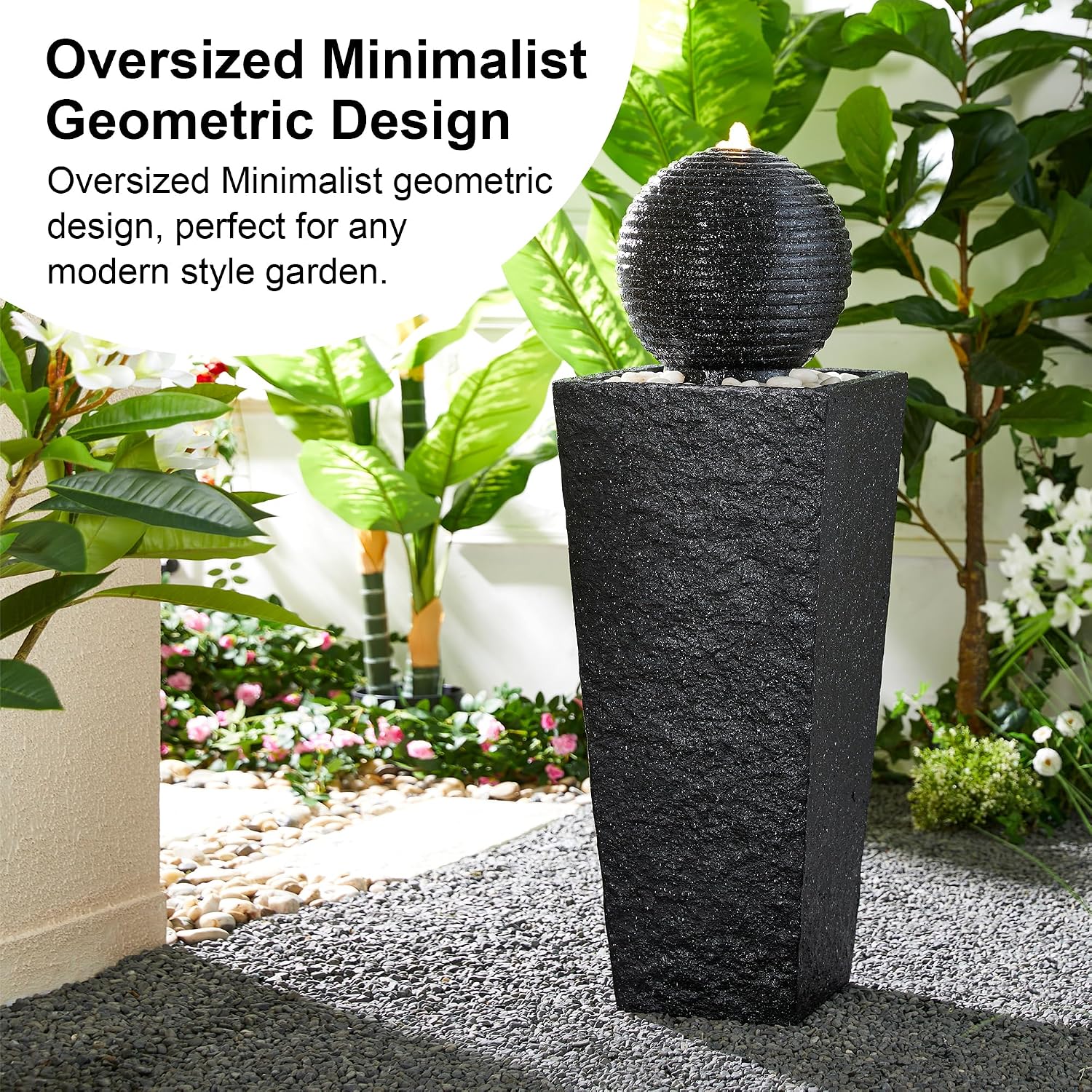 Glitzhome Outdoor Water Fountain with LED Light, Oversized Decorative Black Pedestal Water Fountains with Submersible Pump, Modern Sphere Floor Fountain with Pebbles for Garden Patio Decor, 40.25' H