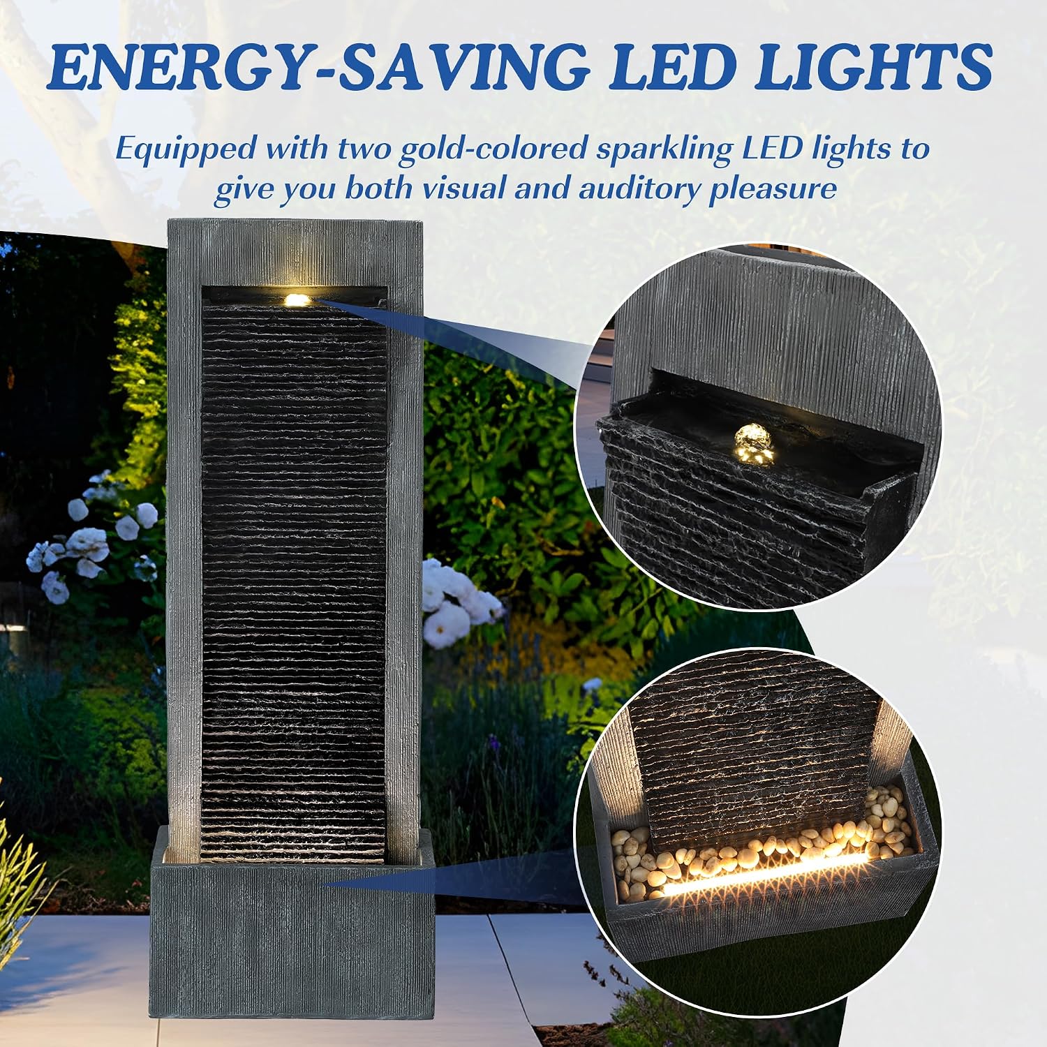 49.6' H Water Fountains Outdoor Garden Decor - Water Fountains and Waterfalls Outside, Large Indoor Floor Standing Resin Fountain Features W/Pump LED Light Cobbles for Patio, Home Art Decor