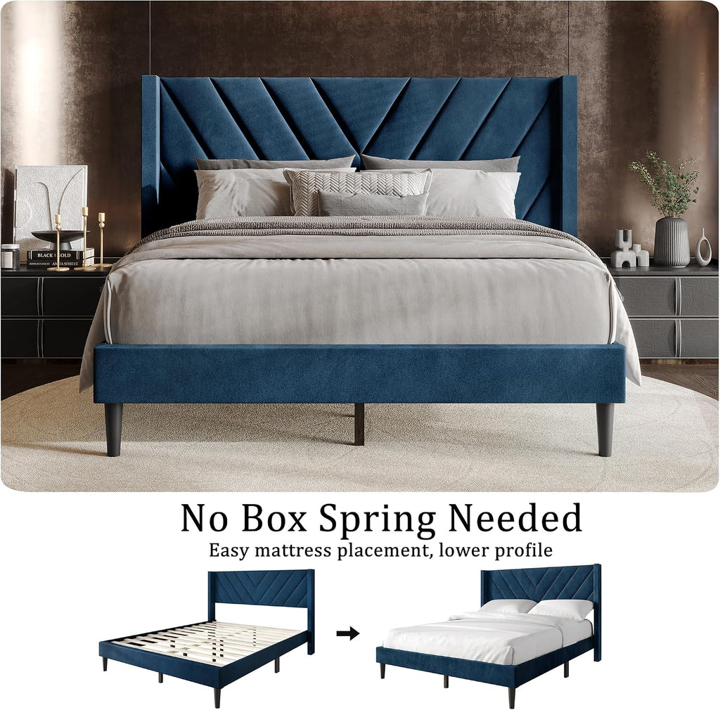 Twin Platform Bed Frame with Chevron-Stitched Wingback Headboard, Velvet Upholstery, No Box Spring Needed, Easy Assembly, Brown