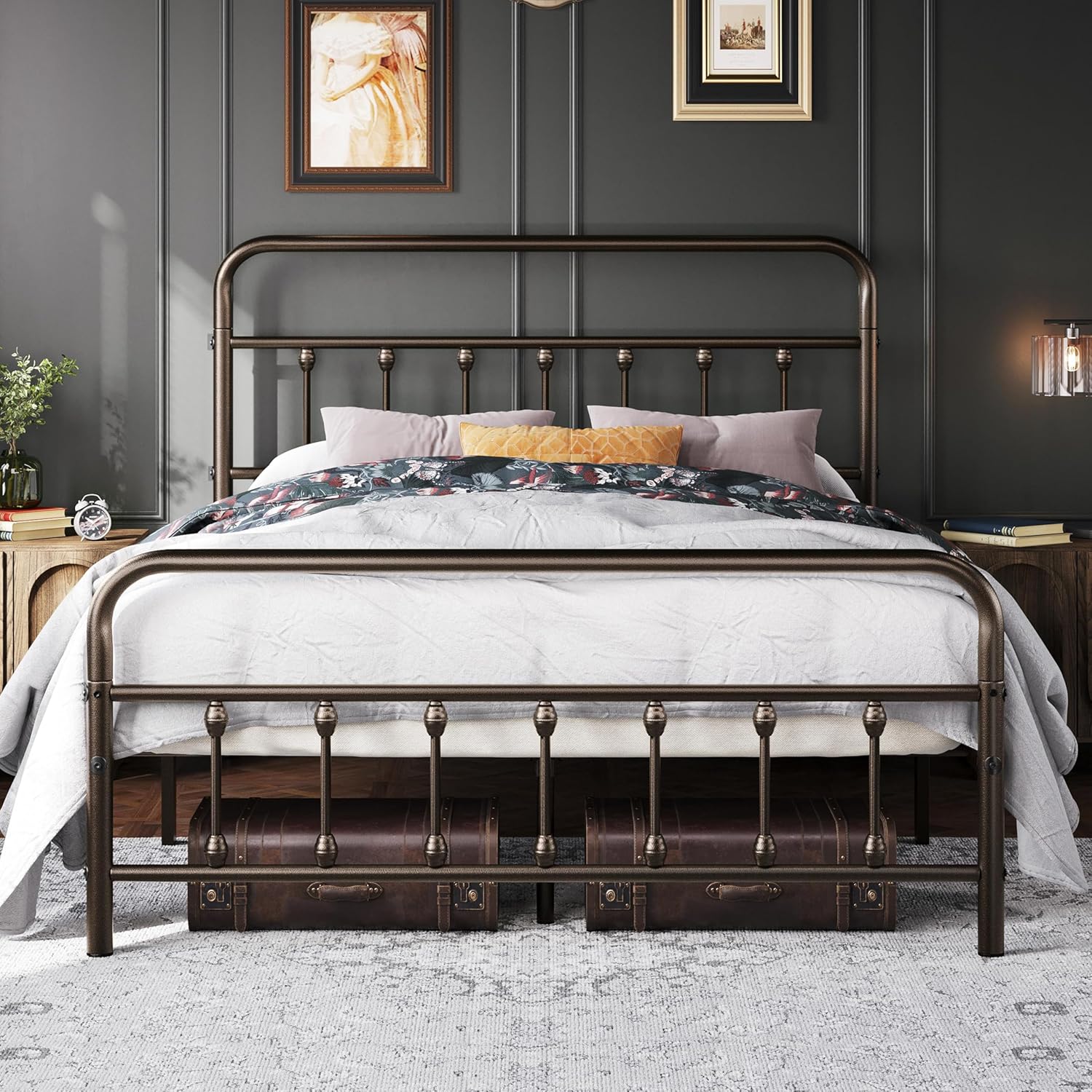 Topeakmart Full Size Victorian Style Metal Bed Frame with Headboard/Mattress Foundation/No Box Spring Needed/Under Bed Storage/Strong Slat Support Bronze