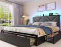 EnHomee Queen Bed Frame with 6 Storage Drawers and LED Lights, Metal Bed Frame Queen Size with Upholstered Headboard and Charging Station,NO Noise,Easy Assembly, Black
