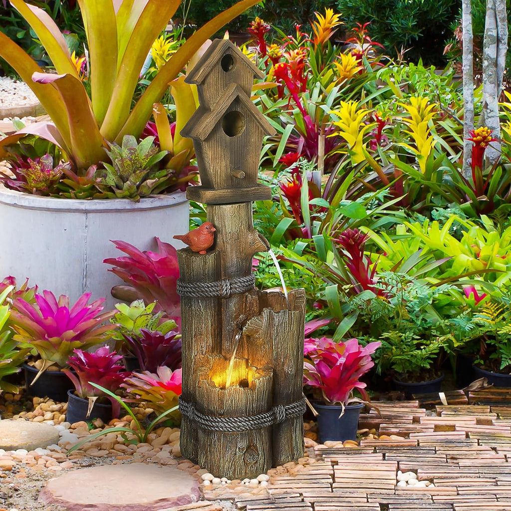 Outsunny Outdoor Fountain with Birdhouse, Cascading Garden Waterfall Bird Bath with 3-Tier Rustic Tree Trunk/Log Design, LED Lights for Porch, Deck, Yard Decor, Brown