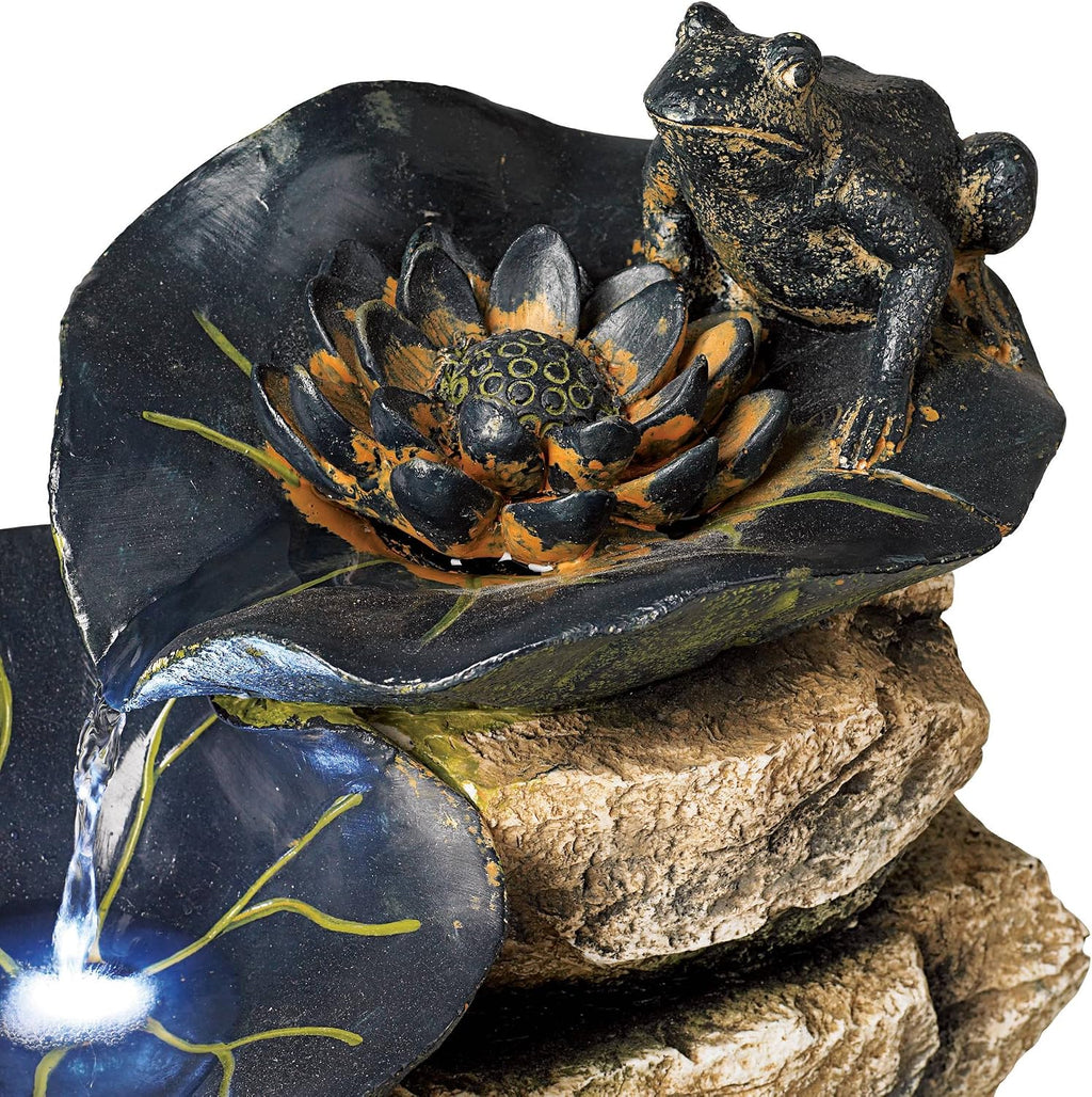 Frog and Four Lily Pad 21' High Large Rustic Indoor Outdoor Cottage Core Decor Faux Stone Floor Fountain with Light LED Standing Waterfall Water Feature for Outside Garden Patio Yard - John Timberland