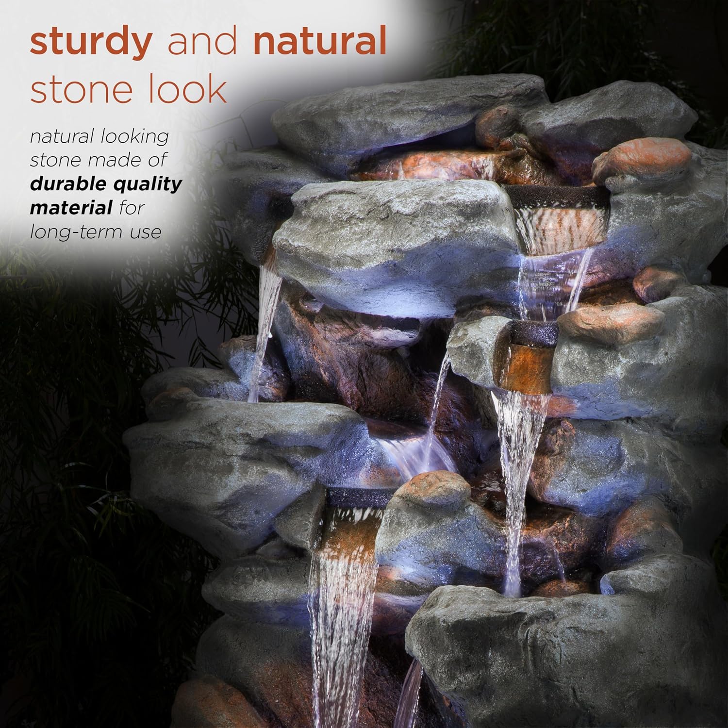 Alpine Corporation WIN1068 Outdoor Floor Rock Water Fountain with LED Lights, 5-Tier Rock Waterfall Fountain 54', Dark Brown
