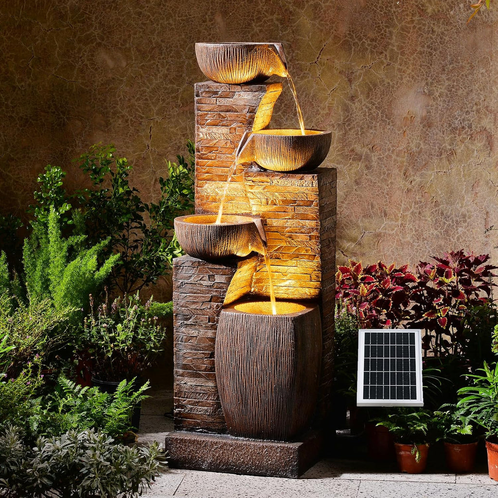 38.2' Tall Solar Water Fountain Outdoor Garden,Stone Texture Modern 4 Tiers Cascading Bowls Garden Fountains Outdoor,Suit for Patio, Deck, Porch, Lawns, Backyard and Home Art Decor