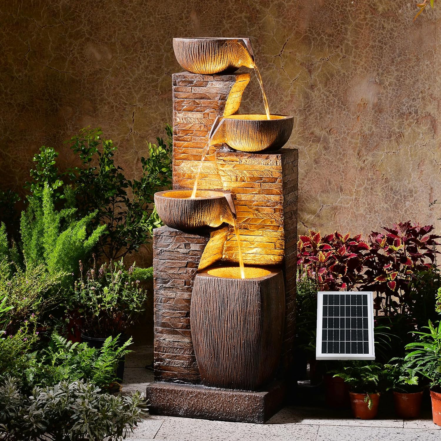 38.2' Tall Solar Water Fountain Outdoor Garden,Stone Texture Modern 4 Tiers Cascading Bowls Garden Fountains Outdoor,Suit for Patio, Deck, Porch, Lawns, Backyard and Home Art Decor