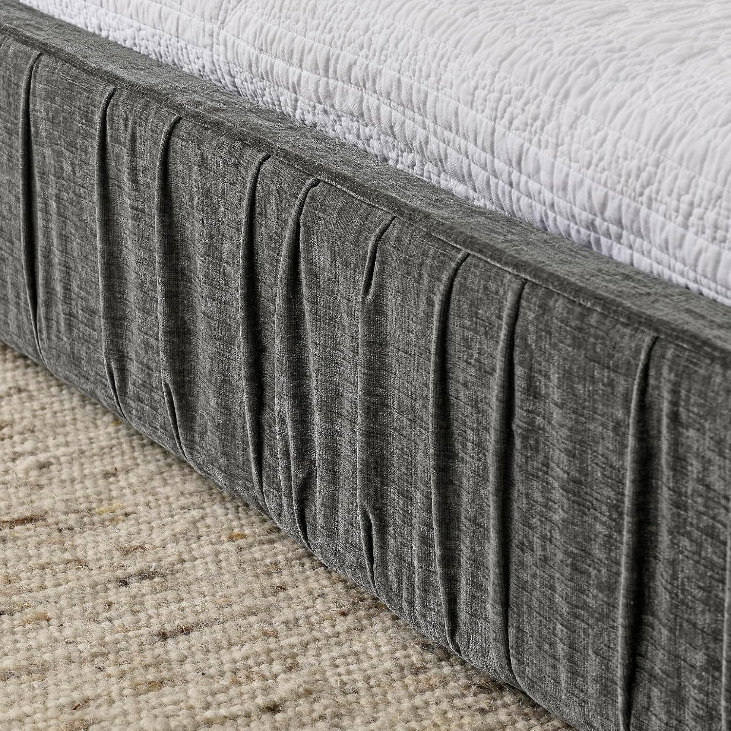 Ball & Cast Queen Size Low Bed Frame,Chenille Upholstered Platform Bed with Pleated Design Headboard,Grounded Floor Bed with Wood Slat Support,No Box Spring Needed,Grey