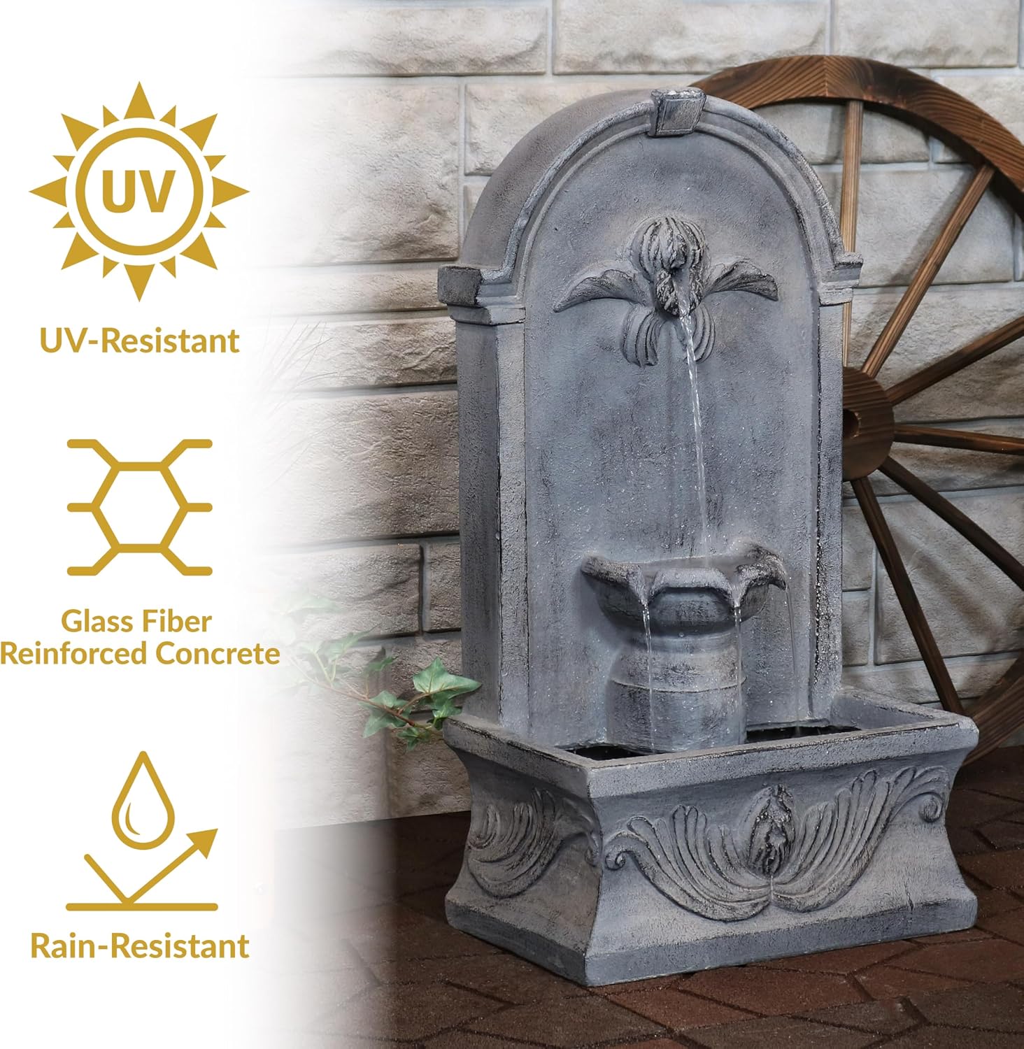 Sunnydaze 28-Inch Outdoor French-Inspired Flat Back Water Fountain - Glass Fiber Reinforced Concrete Construction