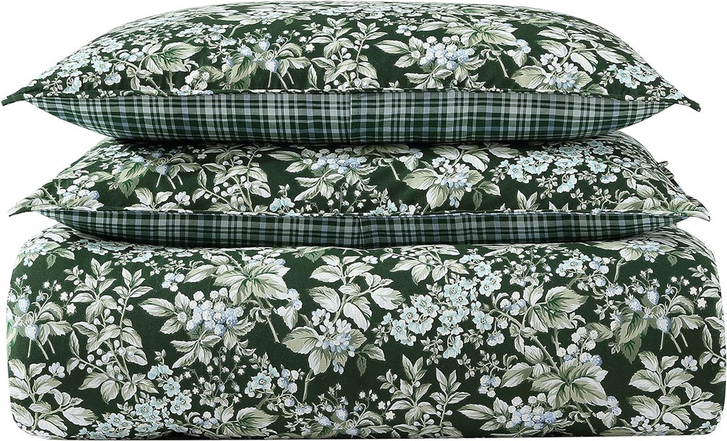 Laura Ashley – Queen Comforter Set, Reversible Floral Bedding with Matching Shams & Bonus Decorative Pillow Covers, Medium Weight, 7-Piece, College Dorm Room Essentials (Bramble Floral Green)