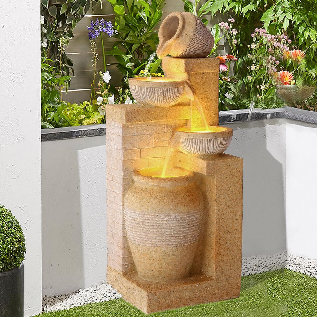 32' Outdoor/Indoor Garden Water Fountains, 4 Tiers Cascading Resin Fountains and Waterfalls with LEDs & Bowls, Modern Floor-Standing Patio Fountain for Porch, Deck, Yard (Bright Yellow)