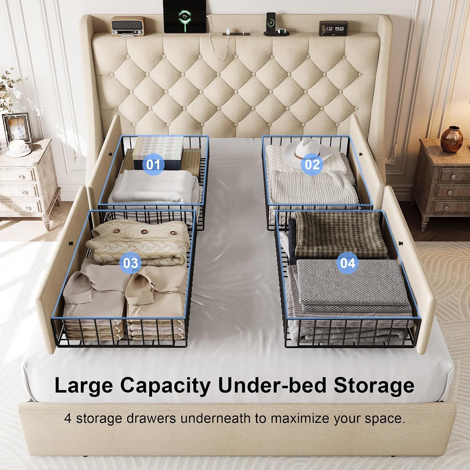 Queen Size Upholstered Platform Bed Frame with 4 Storage Drawers and Charging Station, Linen Button Tufted Wingback Headboard, Sturdy Wooden Support Slats, No Box Spring Needed, Beige
