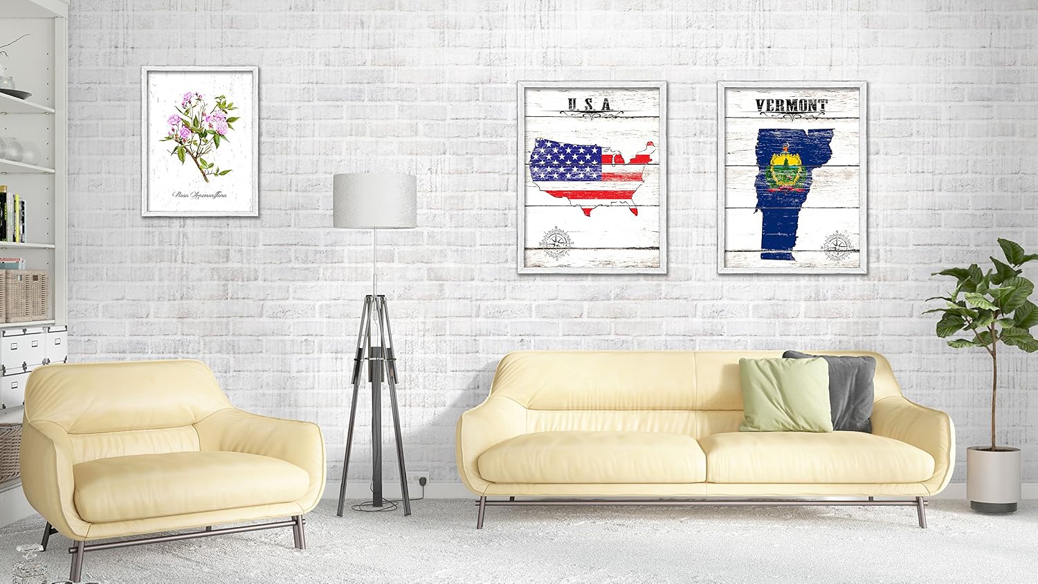 Vermont State Map Flag Cottage Shabby Chic Gifts Home Decor Wall Art Canvas Print, White Wash Wood Frame, 28' x 37'