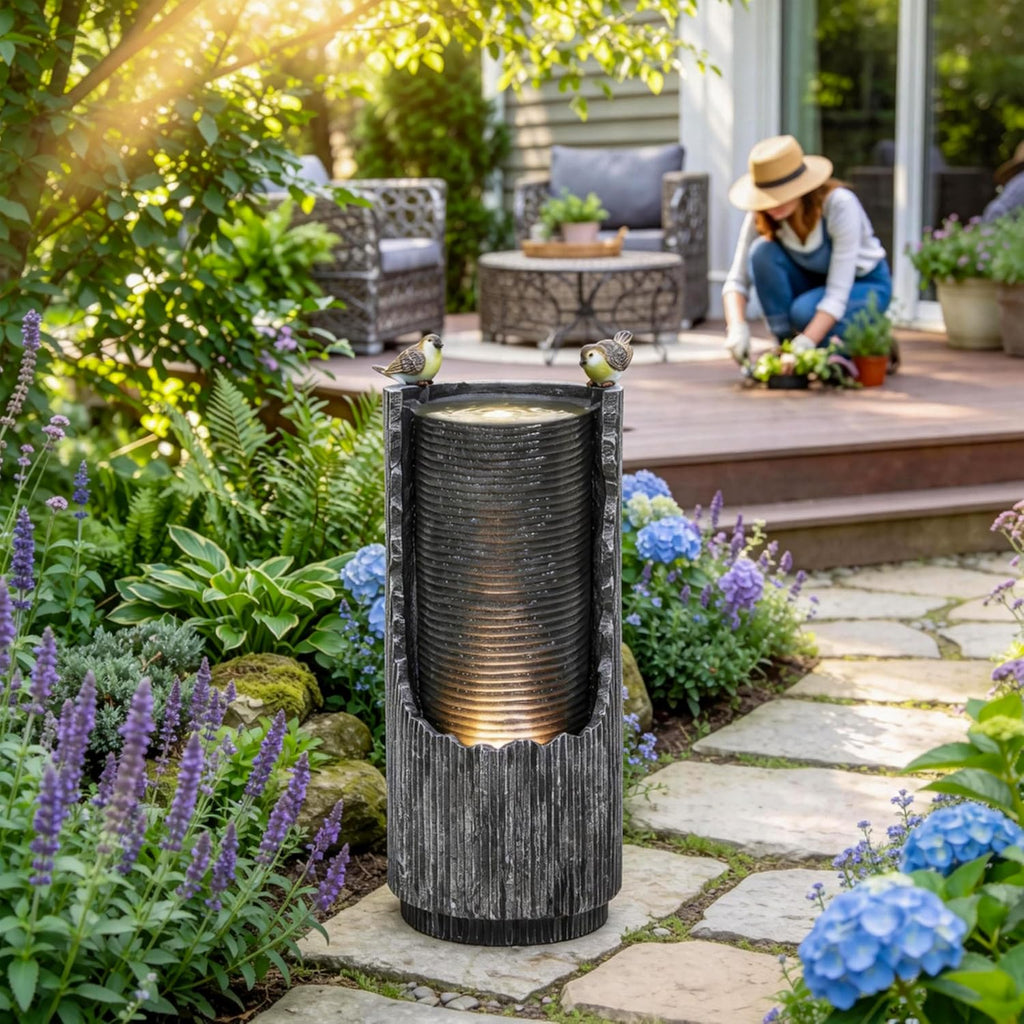 32' Rustic Cracked Jar Water Fountain Outdoor with LED Lights, Polyresin Freestanding Waterfall Feature, Tranquil Oasis for Garden, Patio, Yard, or Porch