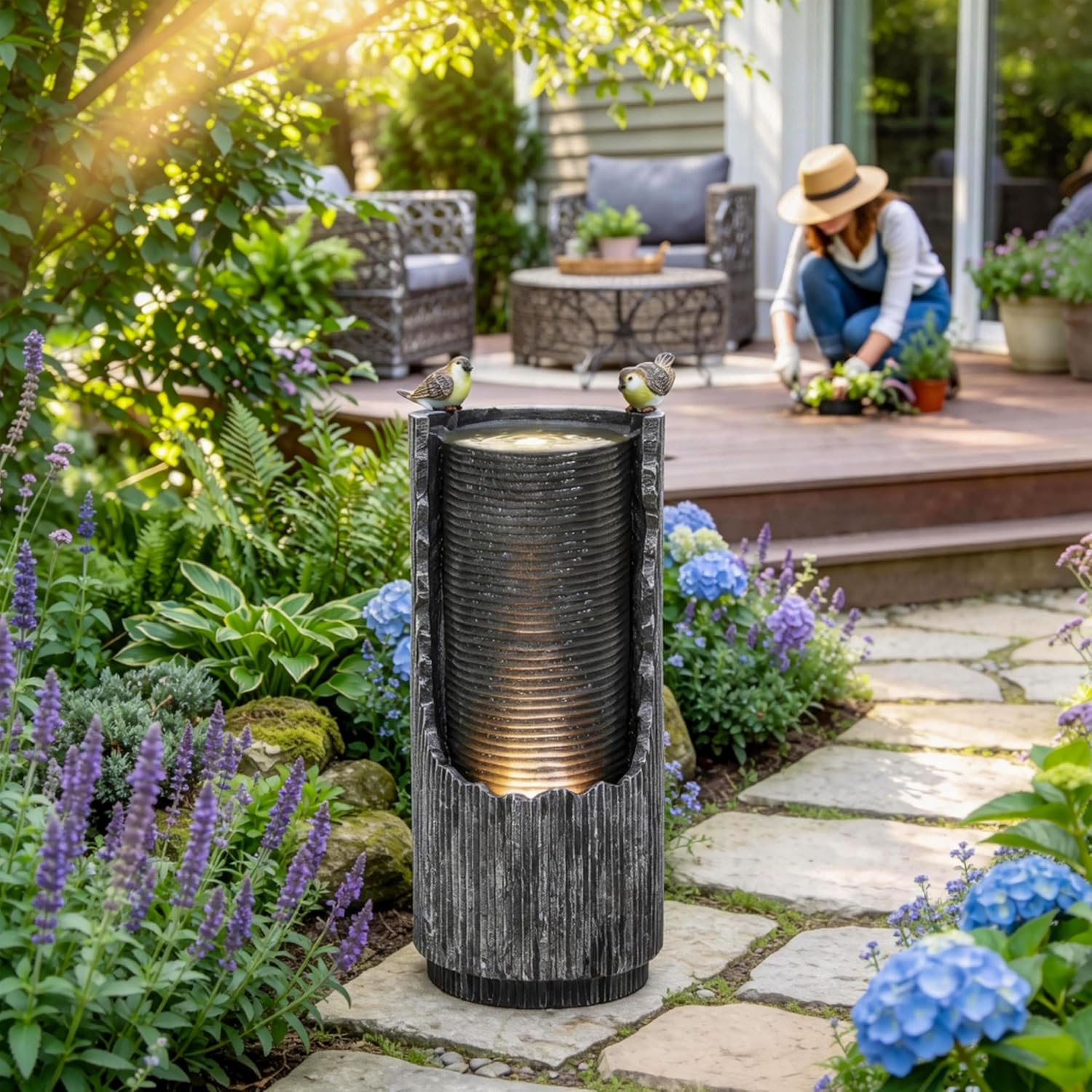 32' Rustic Cracked Jar Water Fountain Outdoor with LED Lights, Polyresin Freestanding Waterfall Feature, Tranquil Oasis for Garden, Patio, Yard, or Porch