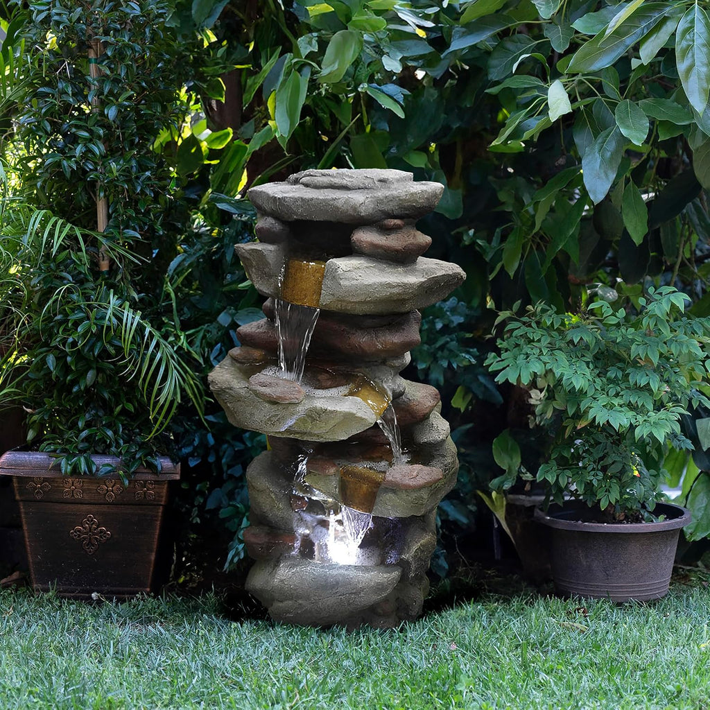 Alpine Corporation 31' Tall Outdoor 4-Tier Rock Floor Fountain, Cascading Waterfall with Cool White LED Lights, Gray