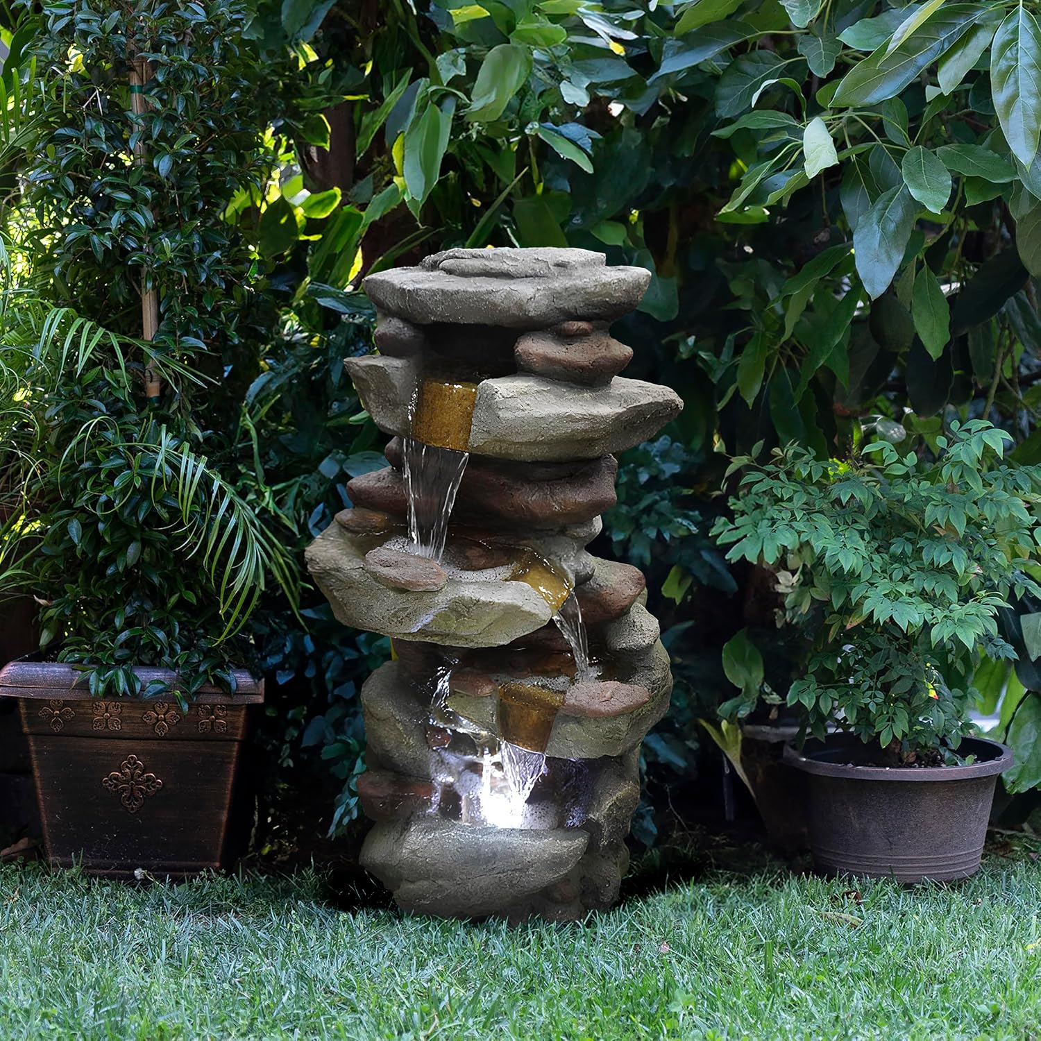 Alpine Corporation 31' Tall Outdoor 4-Tier Rock Floor Fountain, Cascading Waterfall with Cool White LED Lights, Gray