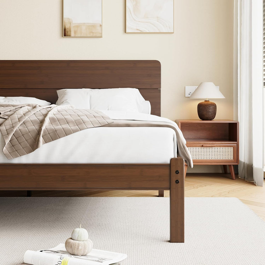14 Inch High Solid Bamboo Wood Twin Bed Frames with Headboard, Heavy Duty Metal Slat Support, Easy Assembly, No Box Spring Needed