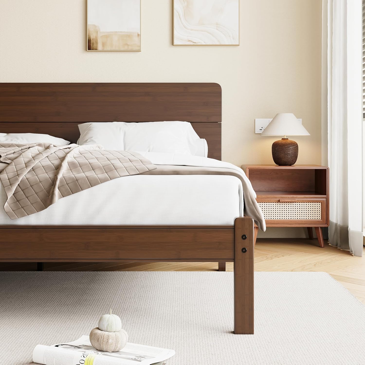 14 Inch High Solid Bamboo Wood Twin Bed Frames with Headboard, Heavy Duty Metal Slat Support, Easy Assembly, No Box Spring Needed