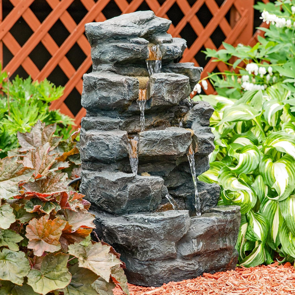 Sunnydaze 24-Inch Grotto Falls Polyresin Outdoor Water Fountain with LED Lights
