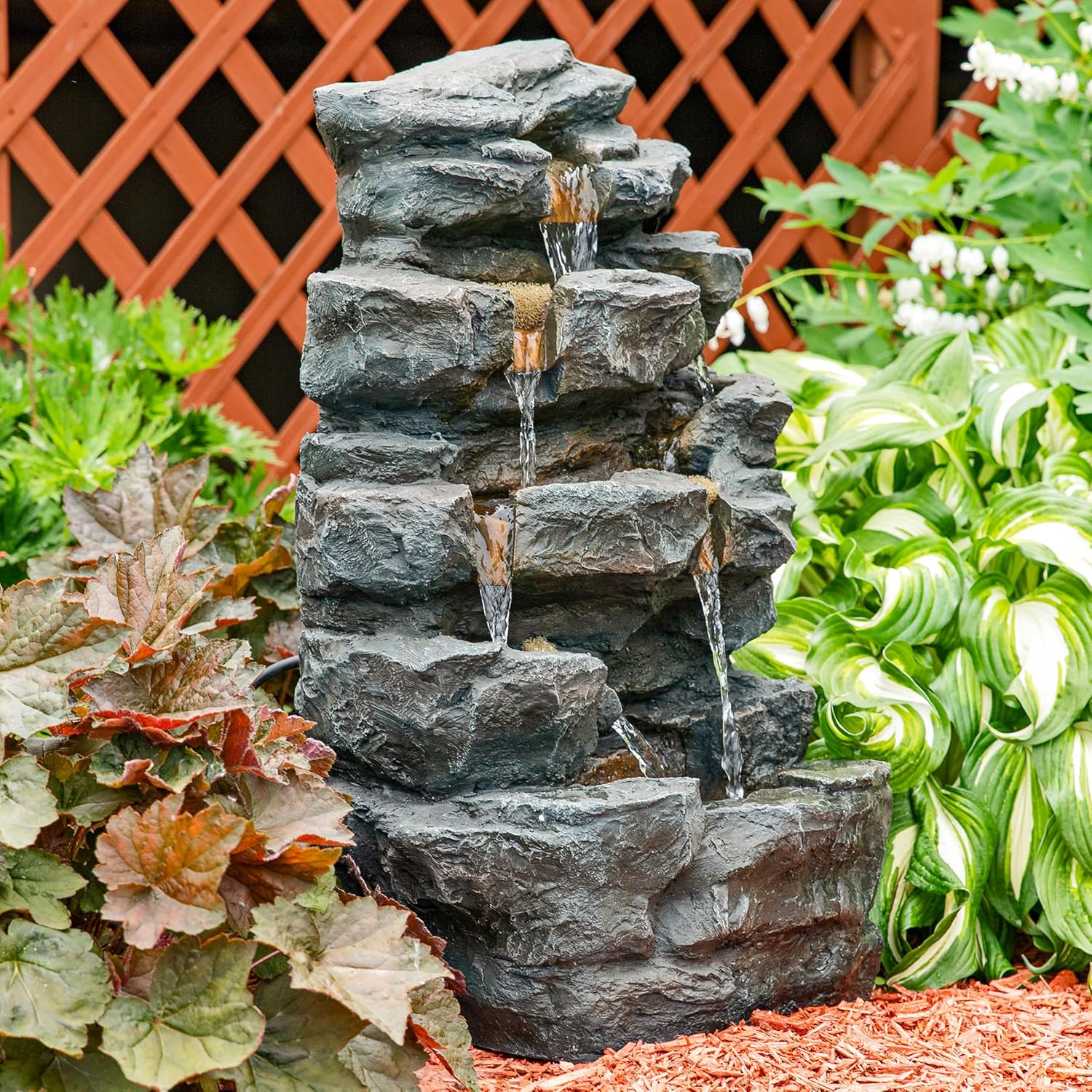 Sunnydaze 24-Inch Grotto Falls Polyresin Outdoor Water Fountain with LED Lights
