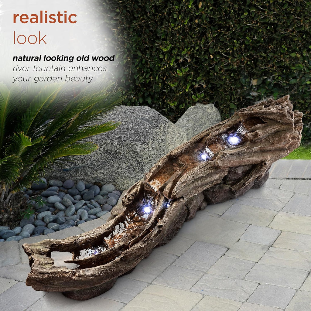 Alpine Corporation 80' Long Indoor/Outdoor Wood River Log Water Fountain with LED Lights, Cascading Natural Water Feature for Gardens, Patios, Yards, and Outdoor Decor, Brown and Gray