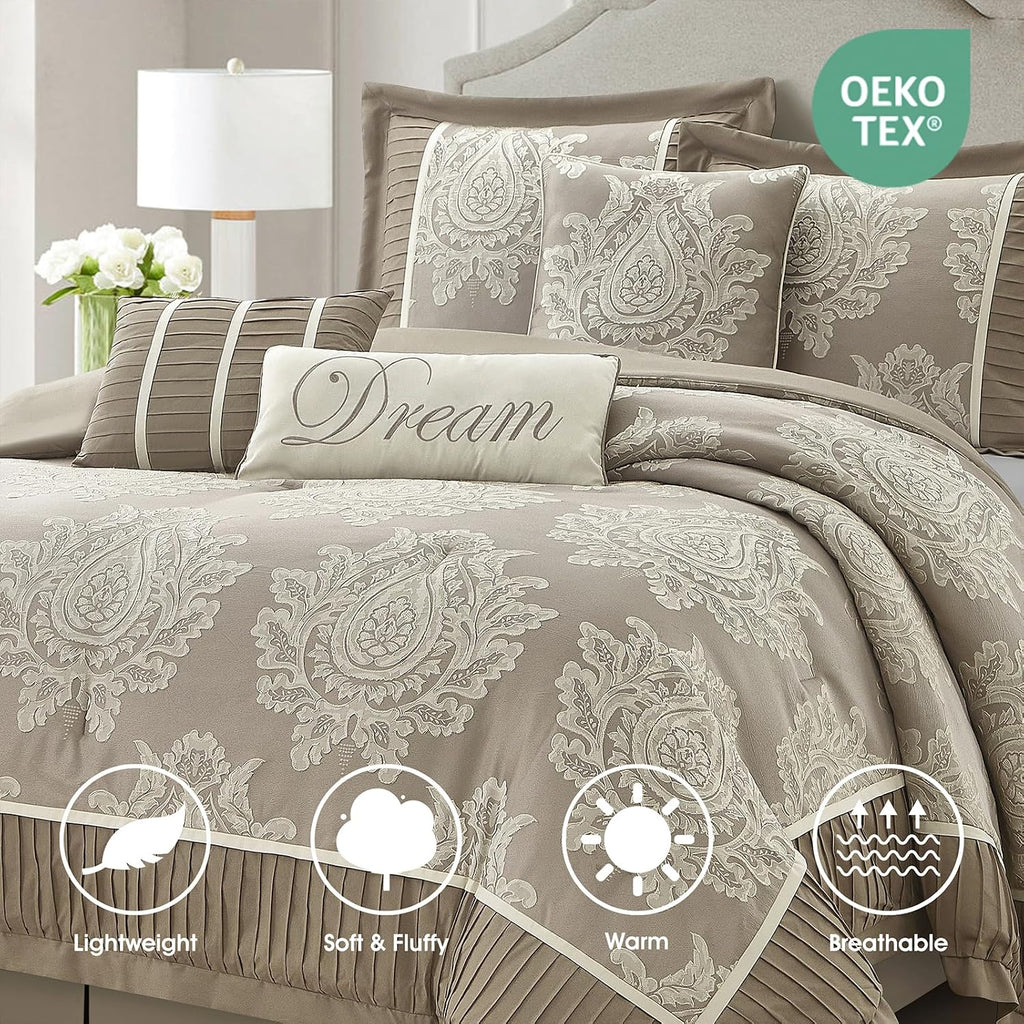 LANCO MODERN LIFESTYLE Beige California King Comforter Set 7 Pieces, Jacquard Woven with Damask, Bedding Set in a Bag Includes Comforter, Bed Skirt, Pillow Shams, and Decorative Pillows