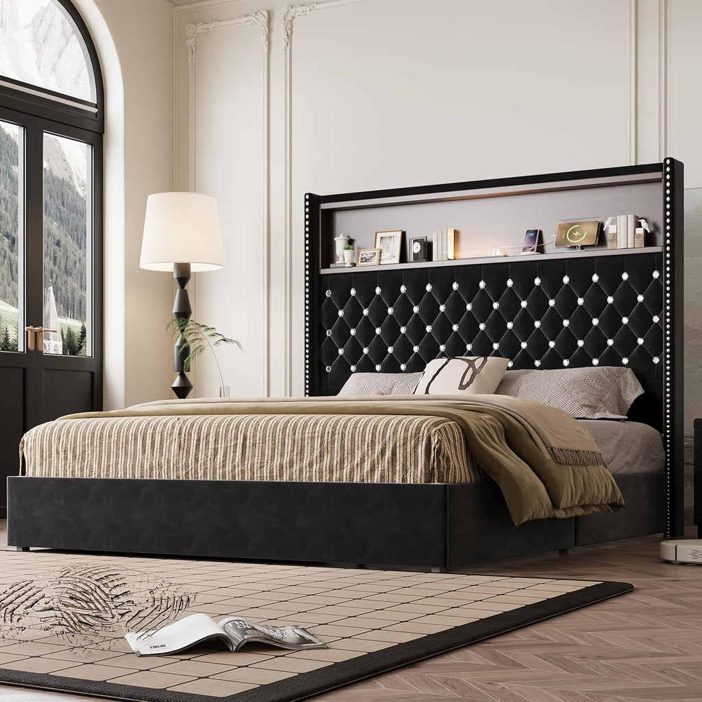 Queen Size Bed Frame with Storage, Velvet Tufted Soft Bed Frame with 52'' High Headboard with Rivet Decoration, Wing-back Platform Bed with Headboard Shelf, No Box Spring Needed (Black,Queen,42)