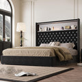 Queen Size Bed Frame with Storage, Velvet Tufted Soft Bed Frame with 52'' High Headboard with Rivet Decoration, Wing-back Platform Bed with Headboard Shelf, No Box Spring Needed (Black,Queen,42)