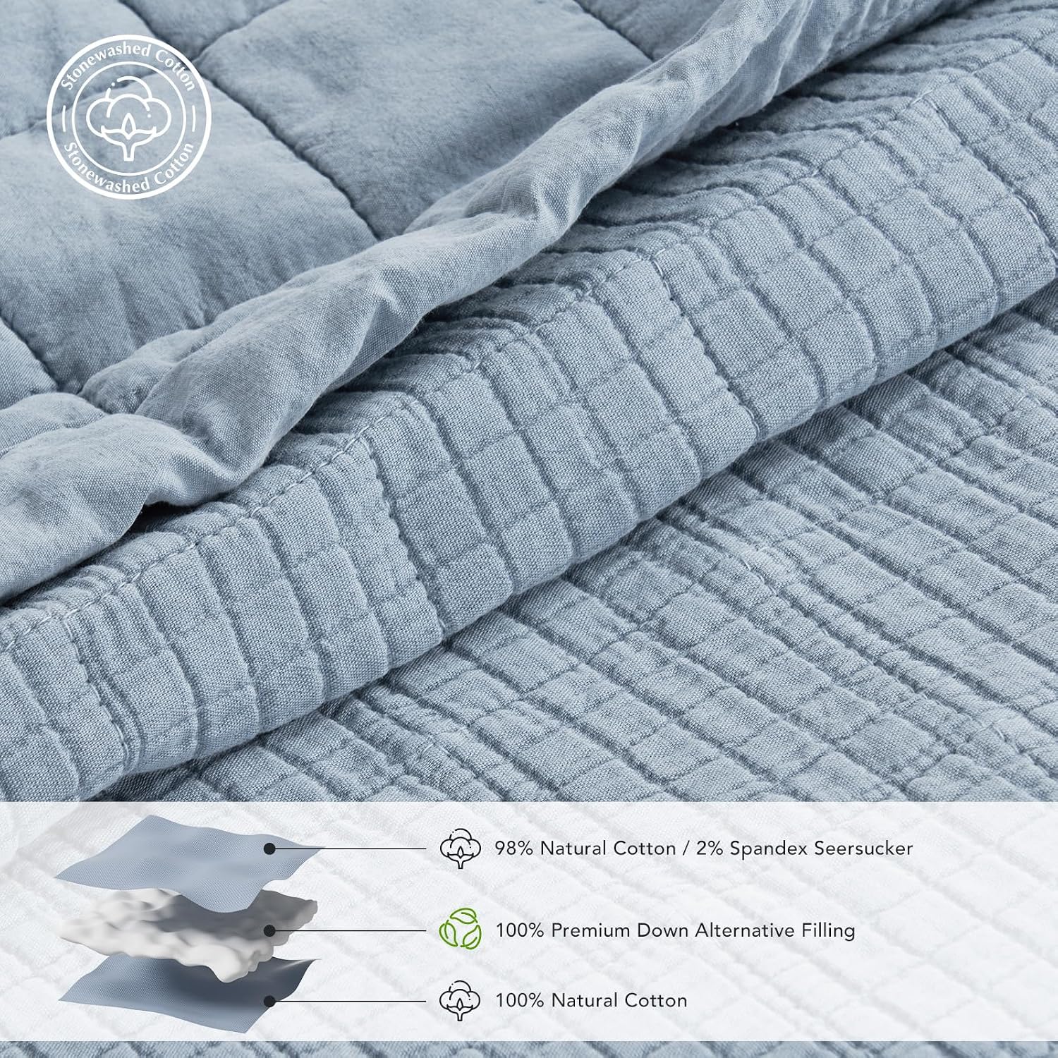 EVERGRACEHOME Stonewashed Cotton Quilt Set King Size, Ultra Soft Oversized Bedspread Coverlet Set, Lightweight Crinkle Box Stitch Bedding Sets for All Season, with 2 Matching Shams, Blue Linen