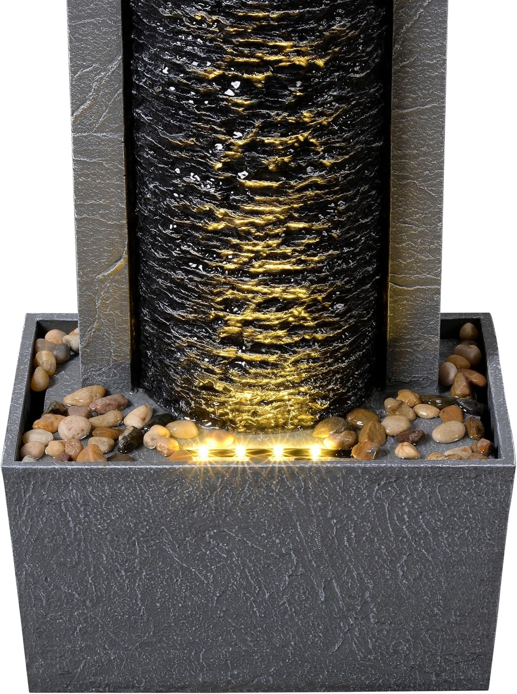Teamson Home Framed Layered Rock Design Outdoor Water Fountain–Warm Glow Lighting with Steady Flow & Electric Pump, Dark Gray