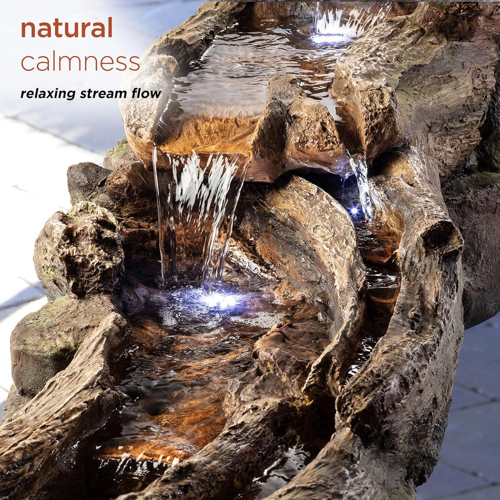 Alpine Corporation 80' Long Indoor/Outdoor Wood River Log Water Fountain with LED Lights, Cascading Natural Water Feature for Gardens, Patios, Yards, and Outdoor Decor, Brown and Gray