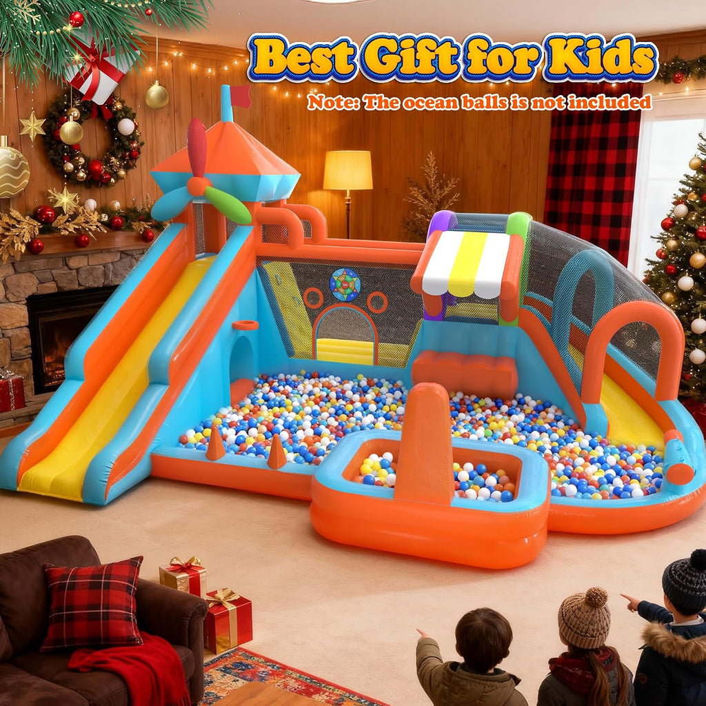 Inflatable Bounce House with Double Slide, 10 in 1 Large Bounce Castle with 750W Blower, Water Slide, Jumping, Splash Pool, Climbing Wall, Toy Stand, Water Cannon, Basketball, Tunnel, Outdoor, Orange