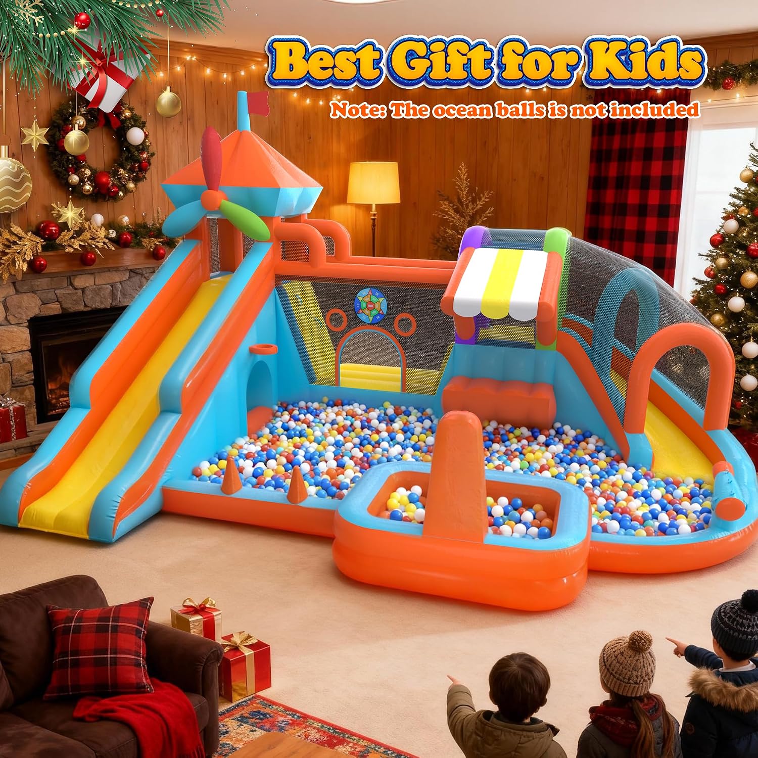 Inflatable Bounce House with Double Slide, 10 in 1 Large Bounce Castle with 750W Blower, Water Slide, Jumping, Splash Pool, Climbing Wall, Toy Stand, Water Cannon, Basketball, Tunnel, Outdoor, Orange