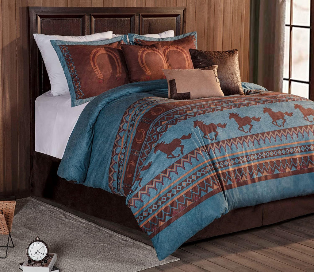 Chezmoi Collection Sedona 7-Piece Southwestern Wild Horses Microsuede Bedding Comforter Set, Queen, Turquoise Blue