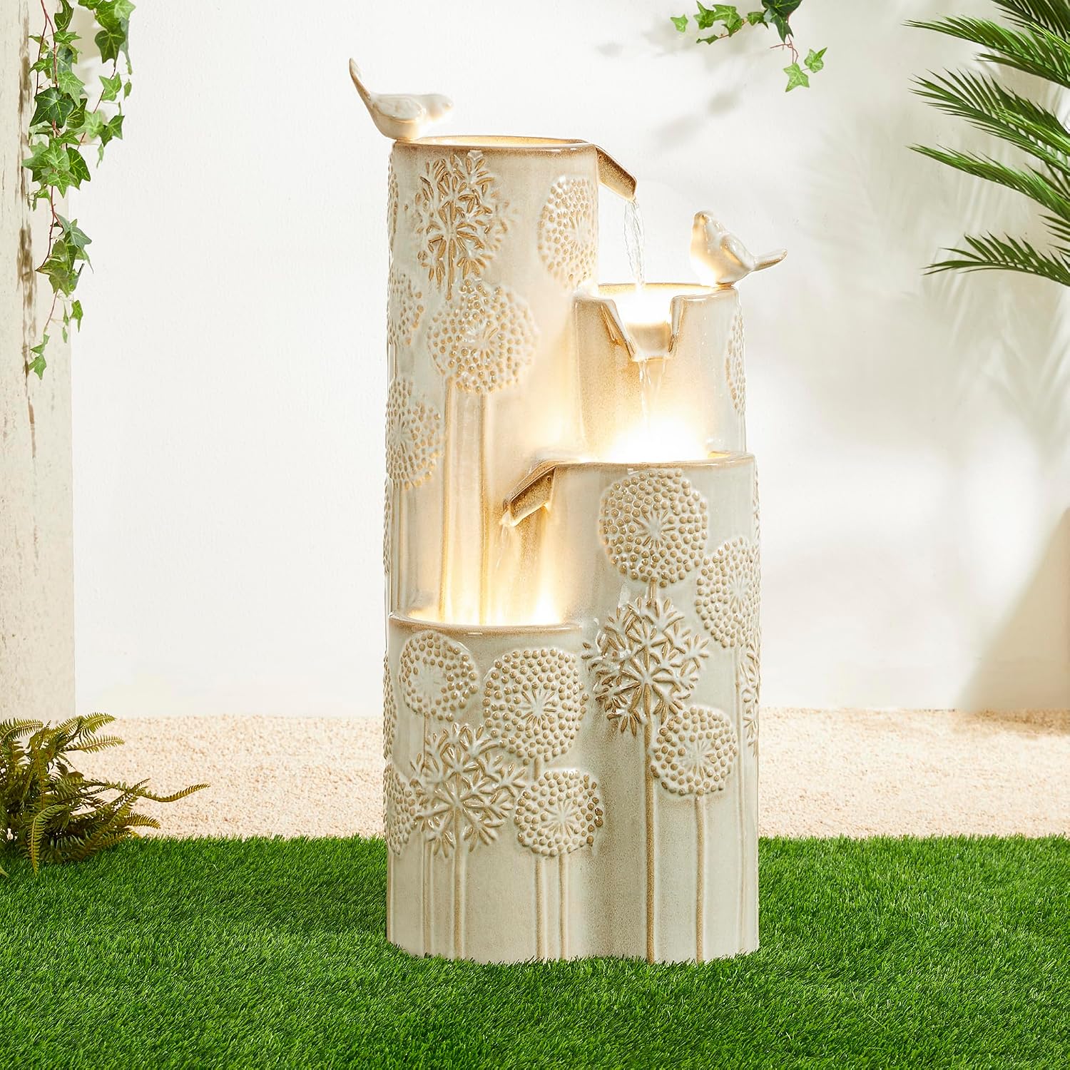 Glitzhome Water Fountain Outdoor with LED Lights, 4-Tier Vase Shaped Ceramic Outdoor Fountain, Dandelion Glaze Water Fountains Feature for Garden Backyard Patio, Sand Beige, 31.7'H