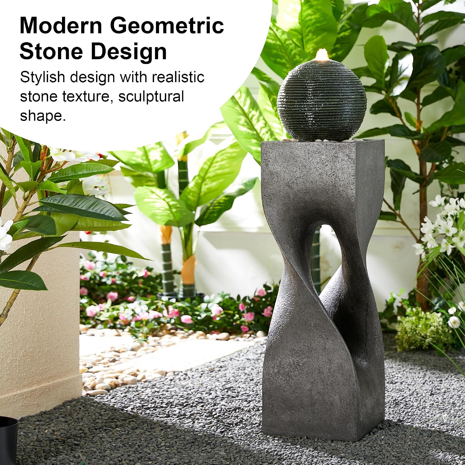 Glitzhome Modern Geometric Outdoor Water Fountain with LED Light, Oversized Pedestal Water Fountains with Submersible Pump, Sphere Floor Standing Fountain with Pebbles for Garden Patio Decor, 40.5'H