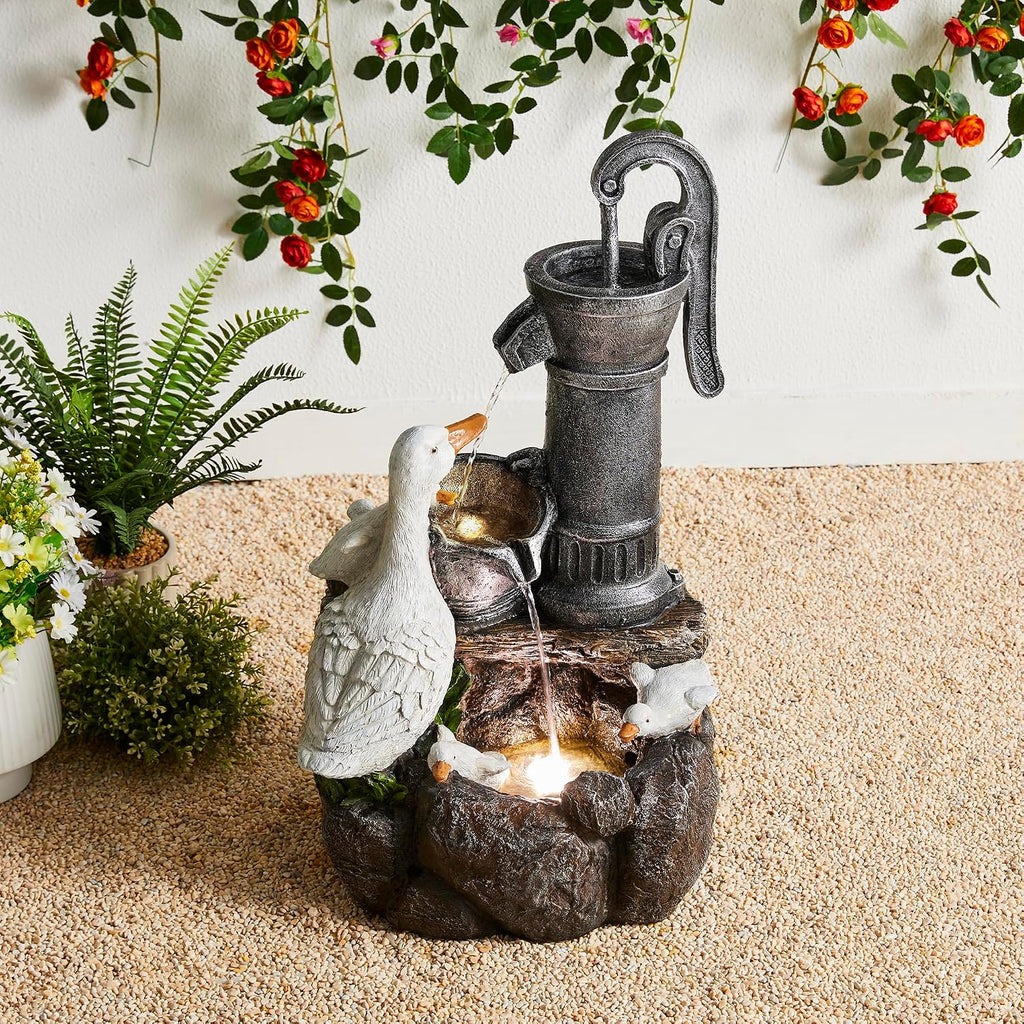 Glitzhome 23.5' Outdoor Duck Fountain with LED Light & Pump, Freestanding 2 Tier Weather-Resistant Patio Fountains Waterfall, Farmhouse Duck Family Sculpture Water Fountain for Backyard Lawn Decor