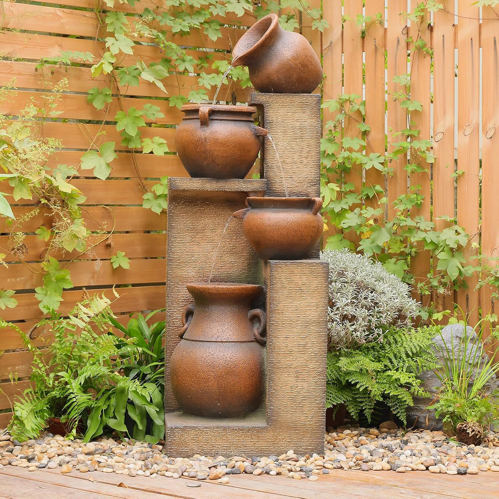 Resin Outdoor Water Fountain 4-Tier Jar Waterfall - Quiet Pump, LED Lights, Rustic Jar Cascading Water Feature for Garden Patio Backyard Decor, 53' H Fountain, Gold