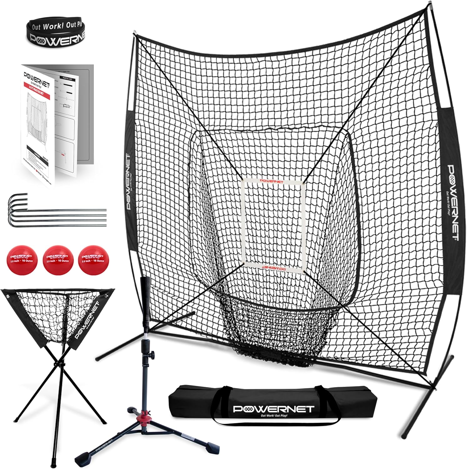 PowerNet Baseball Softball Practice Net 7x7 with Baseball Accessories for Practice Pitching, Batting & Fielding, Ball Caddy, Weighted Baseballs, Tee
