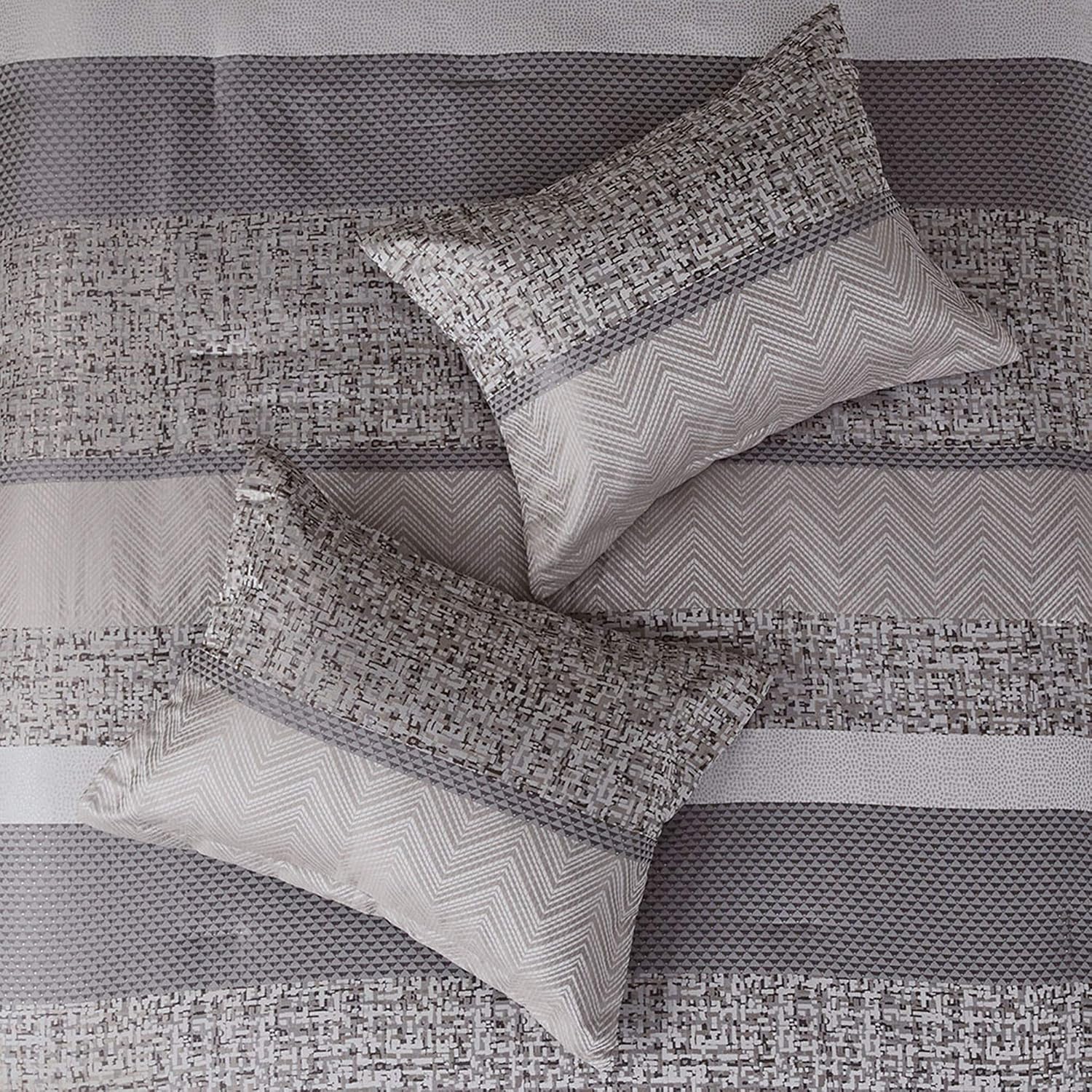 Madison Park Luxury Comforter Set-Traditional Jacquard Design All Season Down Alternative Bedding, Matching Bedskirt, Decorative Pillows, Cal King(104'x92'), Rhapsody, Striped Grey/Taupe 7 Piece