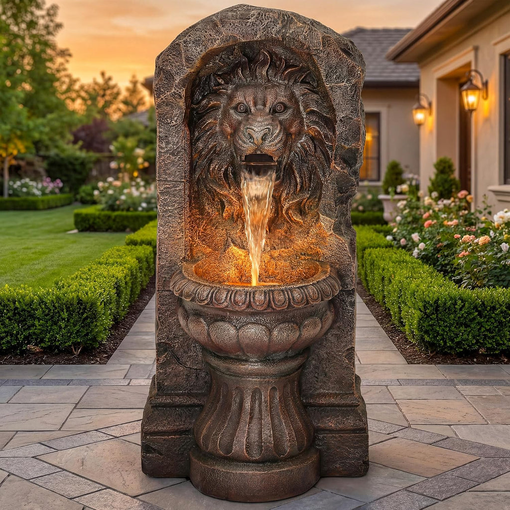30' Lion Head Outdoor Water Fountain, Handcrafted Antique Stone Sculpture Garden Fountain, Warm LED-Lit Cascading Waterfall, Relaxing Fountains for Outside Garden Patio Yard Deck Floor Decor