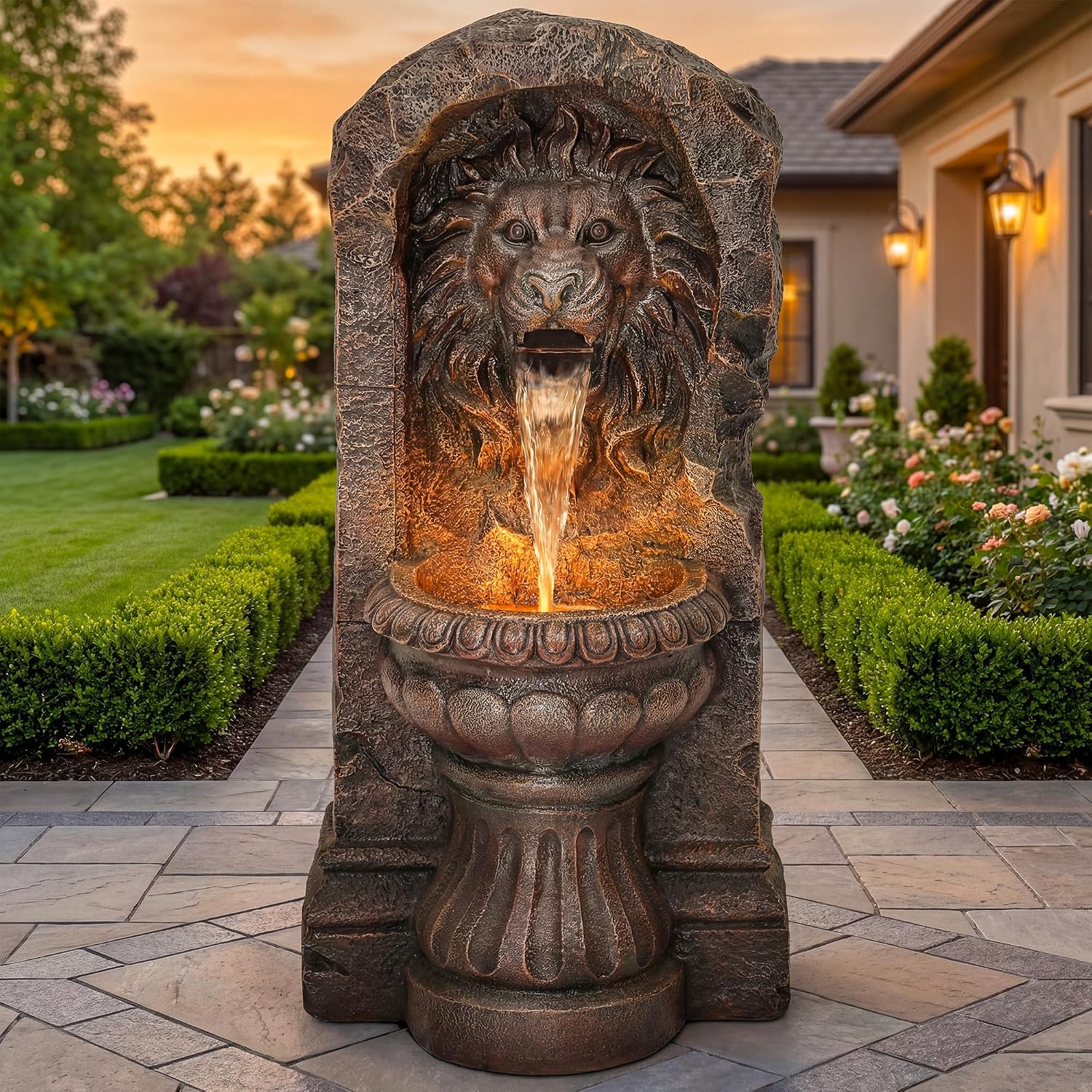 30' Lion Head Outdoor Water Fountain, Handcrafted Antique Stone Sculpture Garden Fountain, Warm LED-Lit Cascading Waterfall, Relaxing Fountains for Outside Garden Patio Yard Deck Floor Decor