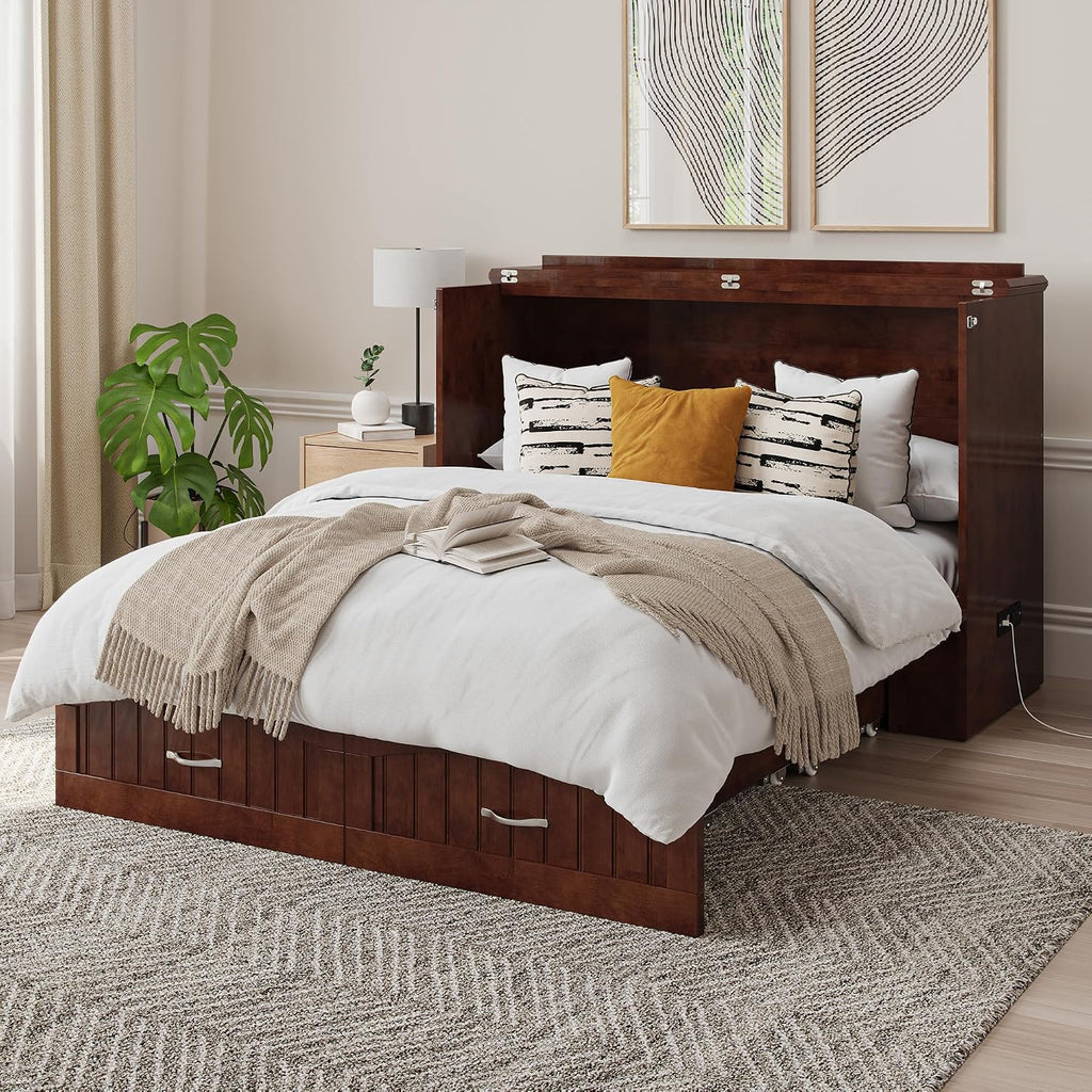 AFI, Southampton Murphy Bed Chest Full with 6' Mattress, Built-in USB Charger & Storage Drawer, Walnut