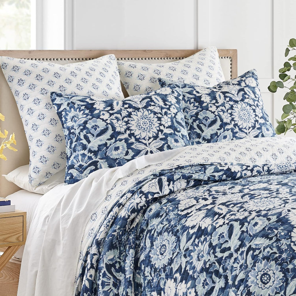 Levtex Home - Laure Indigo Quilt Set - King Quilt and Two King Shams - Floral - Indigo, Blue and White - Quilt (106x92in.) and Shams (20x36in.) - Reversible - Cotton