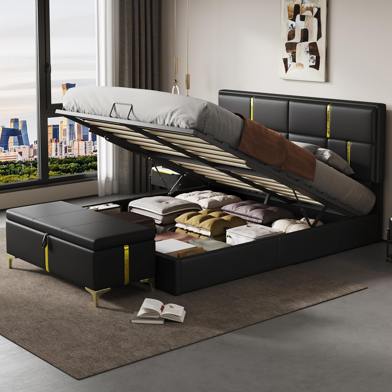 JIVOIT Elegant Design 2-Pieces Bedroom Sets, Queen Size Upholstered Platform Bed with Hydraulic Storage System, Upholstered Storage Ottoman with Metal Legs, Space Saving Design (Black,Sets,5)