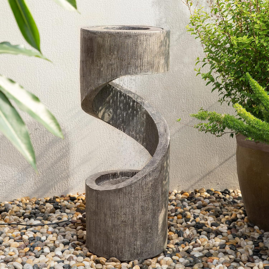 Glitzhome Outdoor Water Fountain with LED Light, Spiral Outdoor Fountain Waterfall with Stone Planter, Modern Curved Freestanding Fountain Water Feature for Garden Patio Backyard, 31.3' H