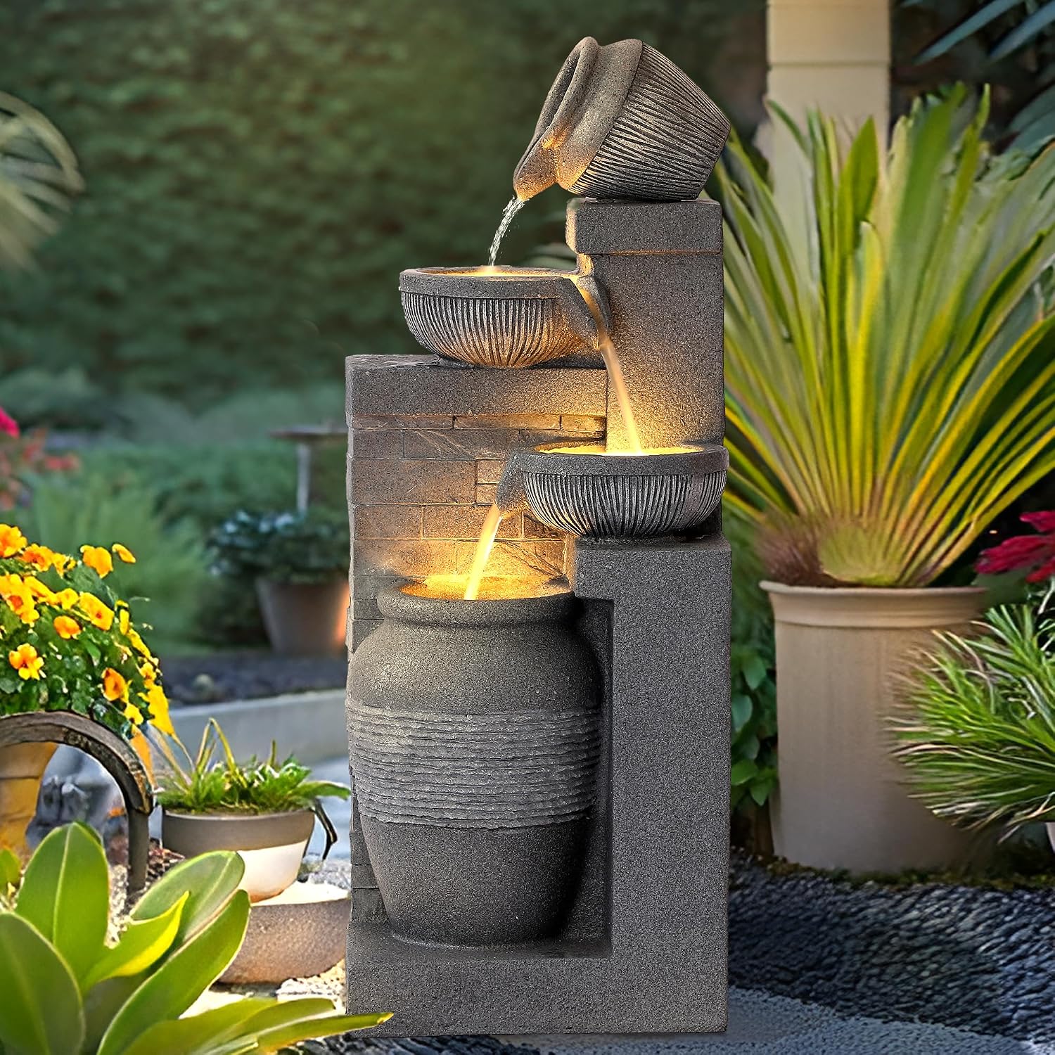 4-Tier Outdoor Indoor Water Feature Fountain, 32' H Indoor Cascading Waterfall with 3 LED Lights, Floor Standing Garden Fountain for Garden, Deck, Backyard, Patio, Yard (Grey)