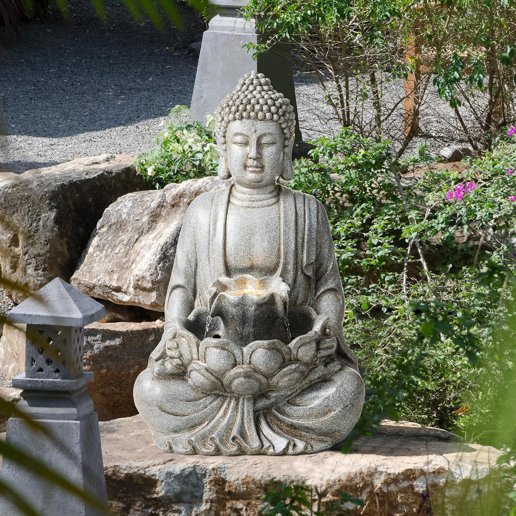 Glitzhome Buddha Fountain Outdoor with Pump & LED Light 23.25' H, 2-Tier Zen Style Concrete Meditating Buddha Statues Water Fountains Floor Fountains Buddhas Sculpture for Garden Patio Backyard